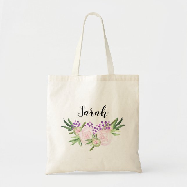 Bolsa Tote Bridesmaid Personalizada com Buquê Floral Rosa (Frente)
