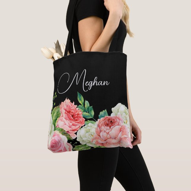 Bolsa Tote Bridesmaid Personalizada com Preto Floral de Water (Close Up)