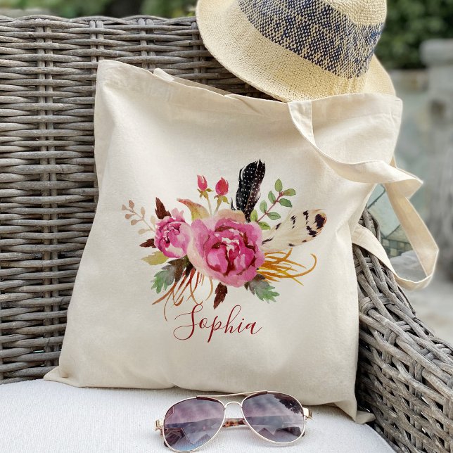 Bolsa Tote Bridesmaid Personalizada do Boho floral e de penas (Criador carregado)