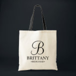 Bolsa Tote Bridesmaid Personalizada Elegante Preta e Branca<br><div class="desc">Donativos Personalizados Elegantes de Bridesmaid Pretos e Brancos com um monograma personalizado em estilo de letra elegante com nome e título da madrinha em estilo de letra de serifa clássico. Também perfeito para Madrinha de casamento,  Flor Girl,  Mãe da Noiva e muito mais.</div>
