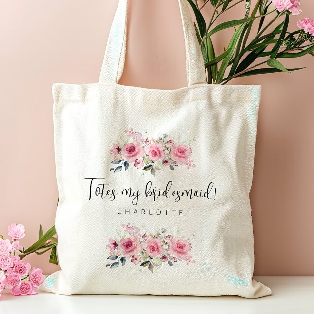 Bolsa Tote Bridesmaid Rosa Floral Nome Personalizado (Criador carregado)