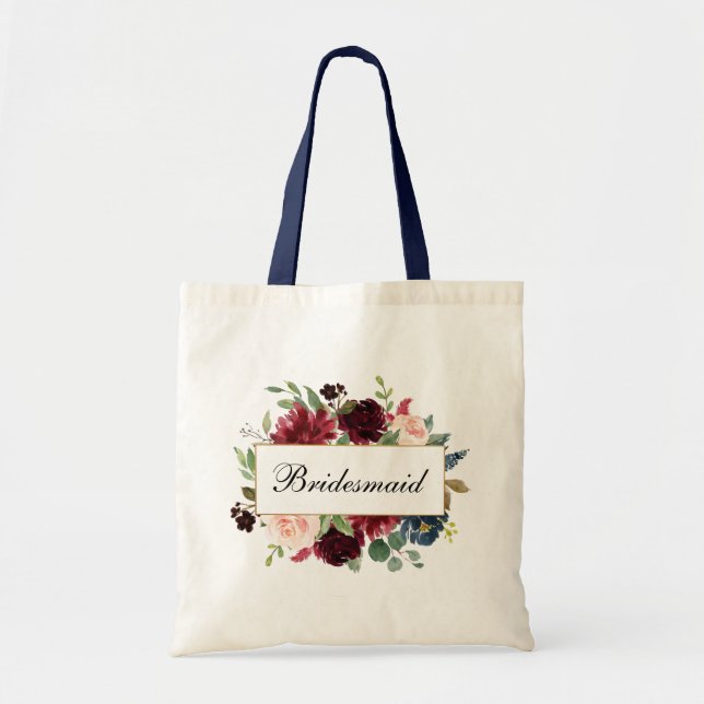 Bolsa Tote Bridesmaid Watercolor Burgundy Blue Floral B (Frente)