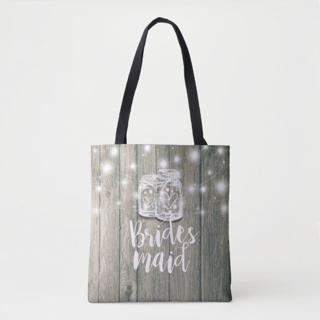 Bolsa Tote Bridesmaid Wood Mason Jars & String Lights (Frente)