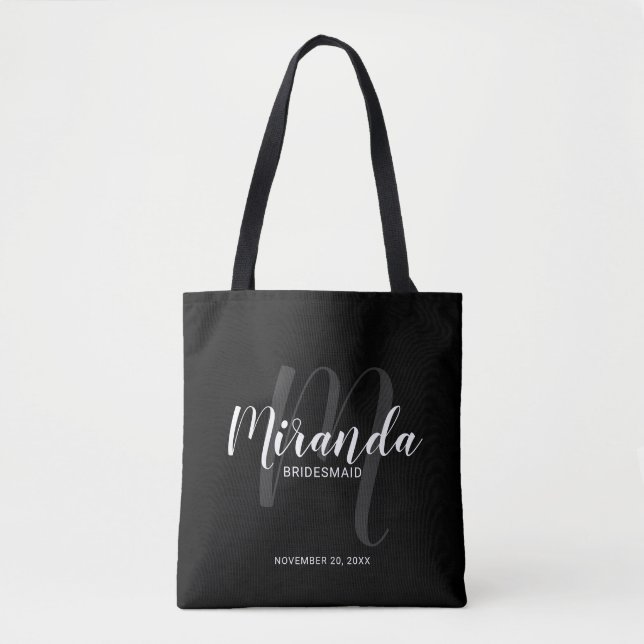 Bolsa Tote Bridesmaids Personalizados de Script Moderno Preto (Frente)