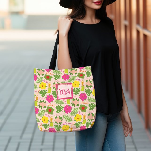 Bolsa Tote Bright Hawaiian Hula Monographic Art (Tropical Monogram Hawaiian Flower Aloha Hula Woman Tote Bag)