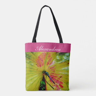 Bolsa Tote Bright Rainbow Dragonfly pink Lily pad com nome