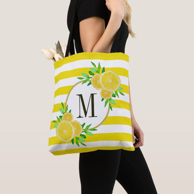 Bolsa Tote Bright Yellow Stripes Lemon Citrus Fruta Monograma (Close Up)