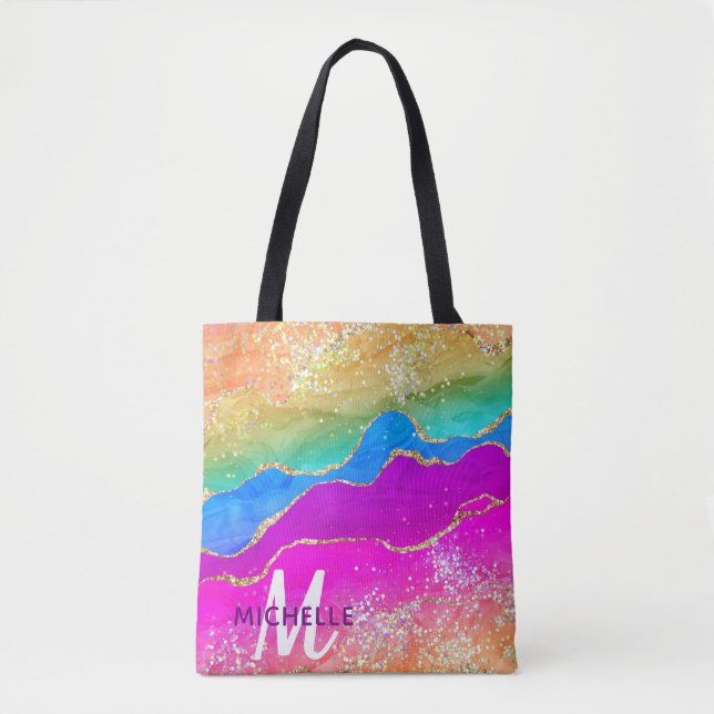 Bolsa Tote Brilhante Arco-Íris & Monograma de Ágata Falsa Bri (Frente)