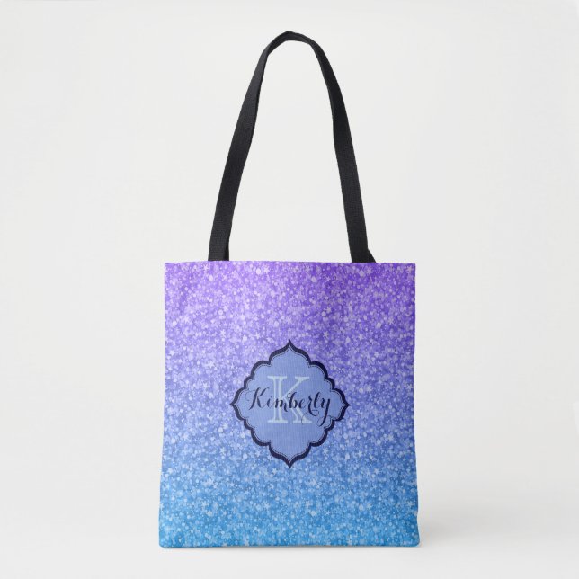 Bolsa Tote Brilhante De Gradiente Roxo E Azul Monograma (Frente)