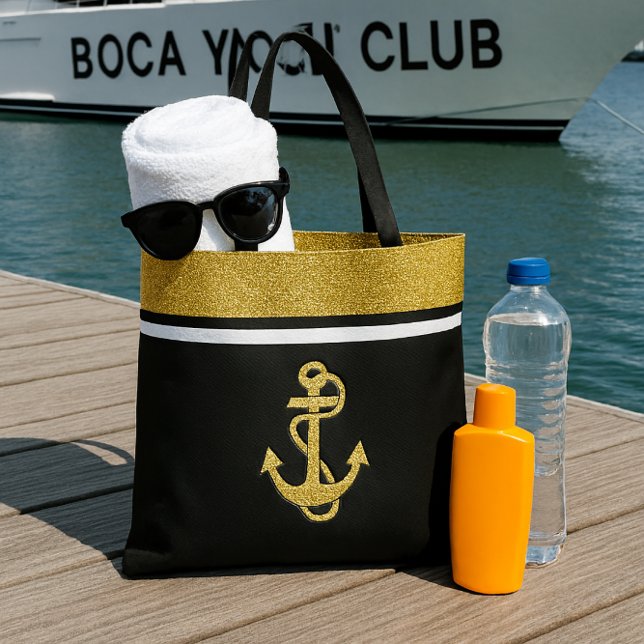 Bolsa Tote Brilhante e âncora náutica Dourada em preto (add glam bag to your cruising or day on the water )
