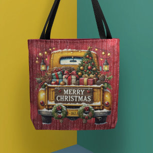 Bolsa Tote Brilhante Vermelho Com Caminhão Vintage Amarelo