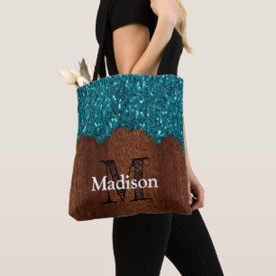 Bolsa Tote Brilho azul aqua madeira marrom rústica Monograma