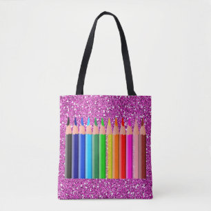 Bolsa Tote Brilho cor-de-rosa colorido do falso dos lápis