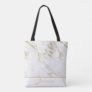 Bolsa Tote Brilho Dourado de mármore branco Monogrammed