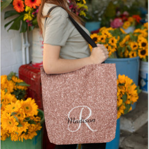 Bolsa Tote Brilho Dourado Rosa Glitter Monograma Bonito