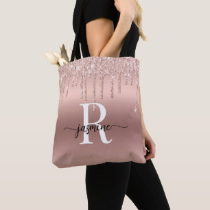 Bolsa Tote Brilho Dourado Rosa Gotejante Monograma Metálico C