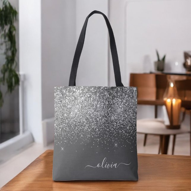 Bolsa Tote Brilho Glitter Monograma Nome Cinza Prateado Femin (Criador carregado)