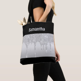 Bolsa Tote Brilho Prateado Gotejante Monograma Preto na Moda