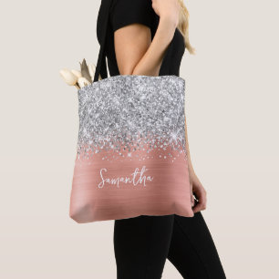 Bolsa Tote Brilho Prateado Rosa Pêssego Glam Nome