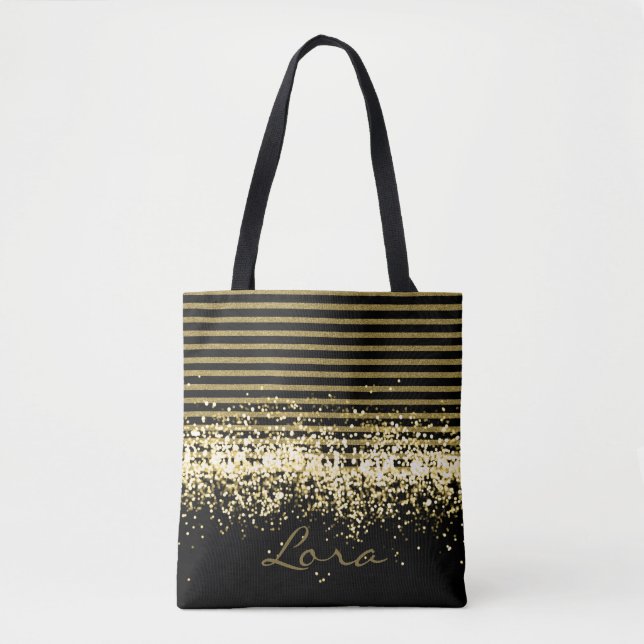 BOLSA TOTE BRILHO PRETO DOURADO GRANDE PERSONALIZADO (Frente)
