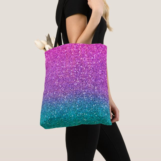 Bolsa Tote Brilho Rosa Azul Turquesa e Roxo (Close Up)