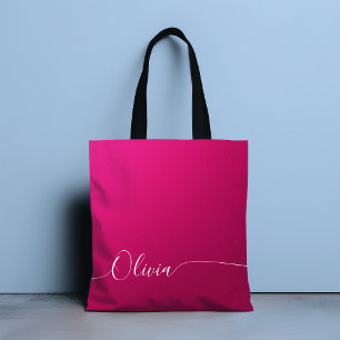Bolsa Tote Brilho Rosa Branco Nome de Caligrafia Elegante Scr