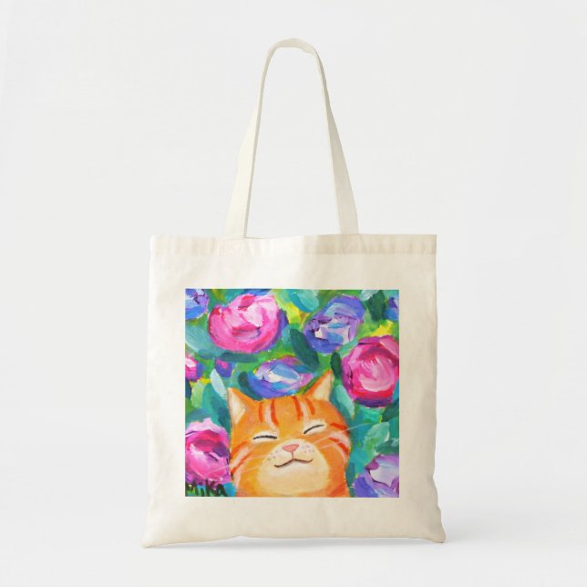 Bolsa Tote Brincadeira Laranja Brincadeira Gato Com Flores Dã (Frente)
