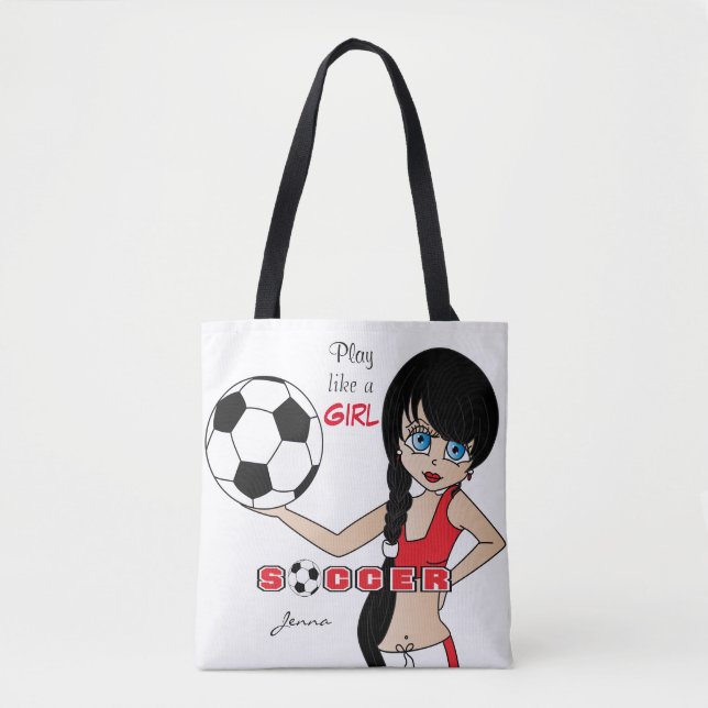 Bolsa Tote Brincar como uma garota de futebol vermelho (Frente)