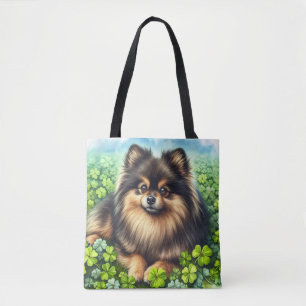 Bolsa Tote Brindle Pomeranian Watercolor Clover Shamrock