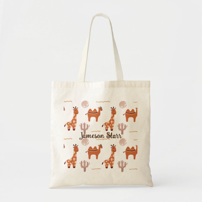 Bolsa Tote Brinquedo branco castanho Cactus Camel Llama (Frente)