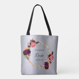 Bolsa Tote Brito de flores de burgundy prateada elegante