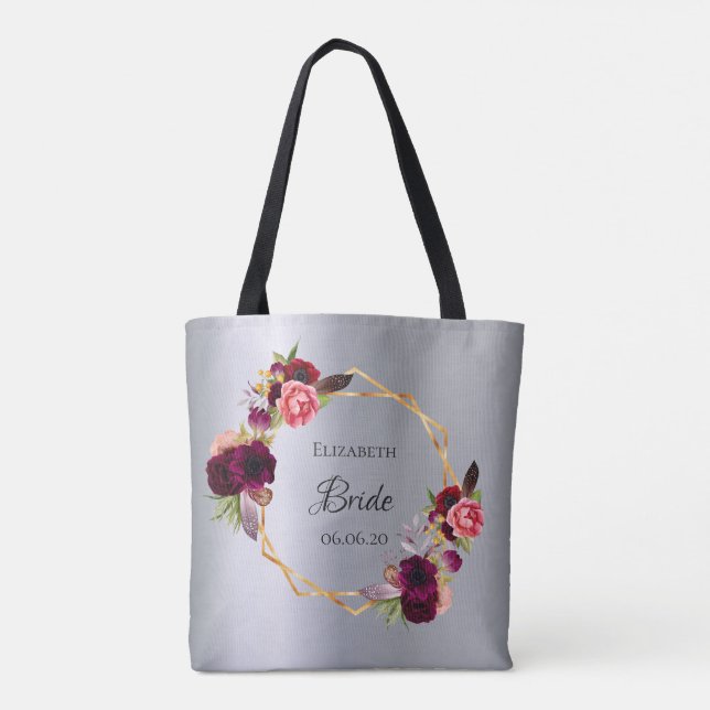 Bolsa Tote Brito de flores de burgundy prateada elegante (Verso)