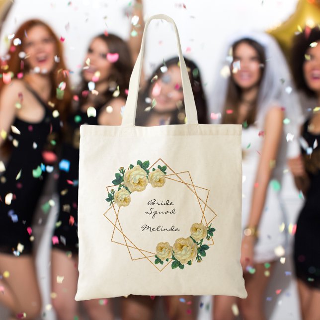 Bolsa Tote Brito Esquadrão Amarelo Floral Elegante Dourado Ge (Bride Squad Yellow Floral Elegant Gold Glitter Geo Tote Bag)