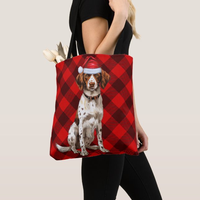 Bolsa Tote Brittany Spaniel Christmas Dog Red Seasonal Plaid (Close Up)