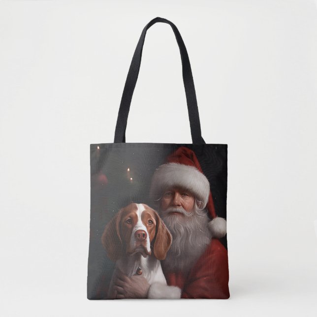Bolsa Tote Brittany Spaniel Com Papai Noel Natal (Frente)