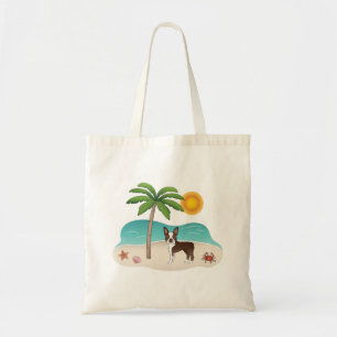 Bolsa Tote Brown Boston Terrier Em Uma Praia Tropical De Verã