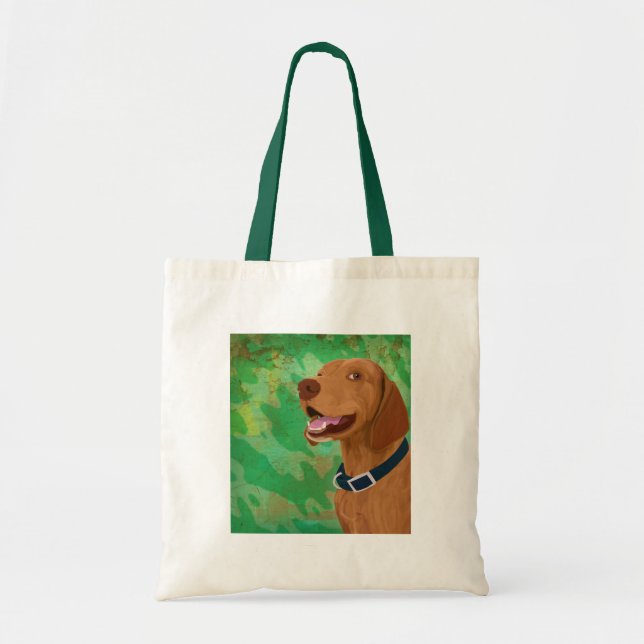 Bolsa Tote Brown de sorriso Vizsla no fundo verde (Frente)