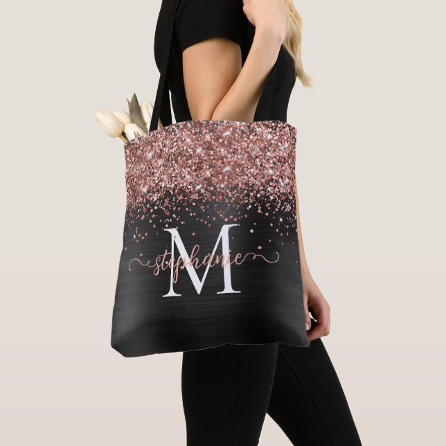 Bolsa Tote Brown Faux-Glitter Girly Glam Black Personalizado (Close Up)