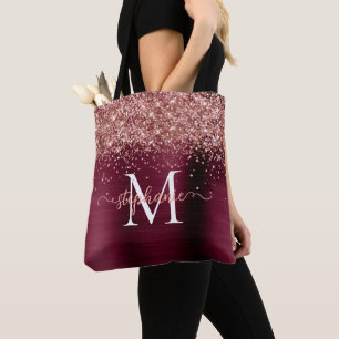 Bolsa Tote Brown Faux-Glitter Girly Glam Burgundy Personalize