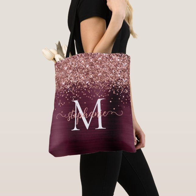 Bolsa Tote Brown Faux-Glitter Girly Glam Burgundy Personalize (Close Up)