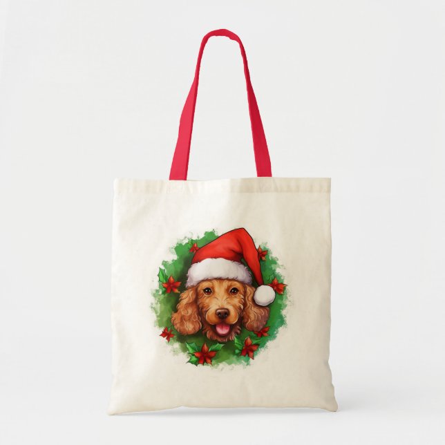 Bolsa Tote Brown Poodle Wreath de Natal (Frente)
