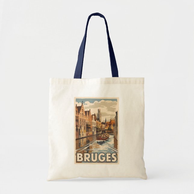 Bolsa Tote Bruges Belgium Illustration Viagem Art Vintage (Frente)