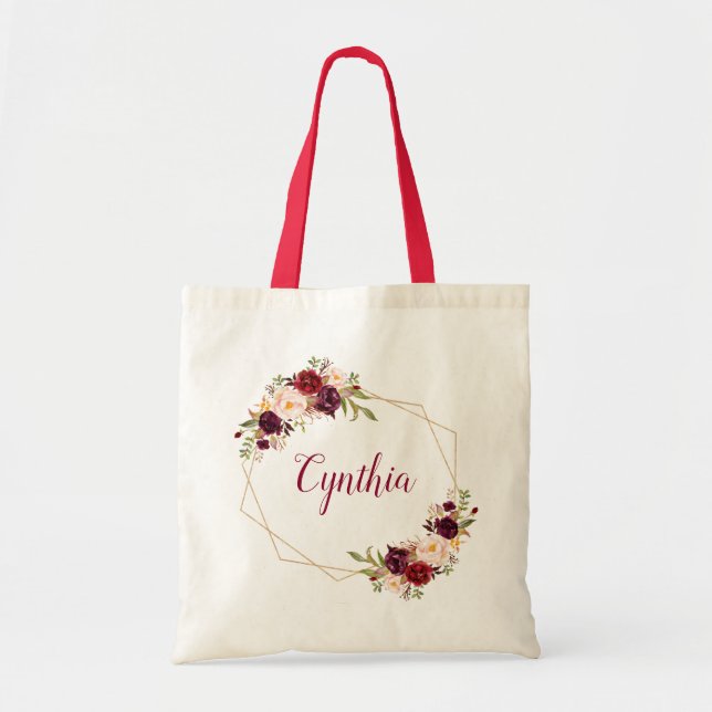 Bolsa Tote Brurgundy Blush Floral Frame Geométrico Bridesmaid (Frente)