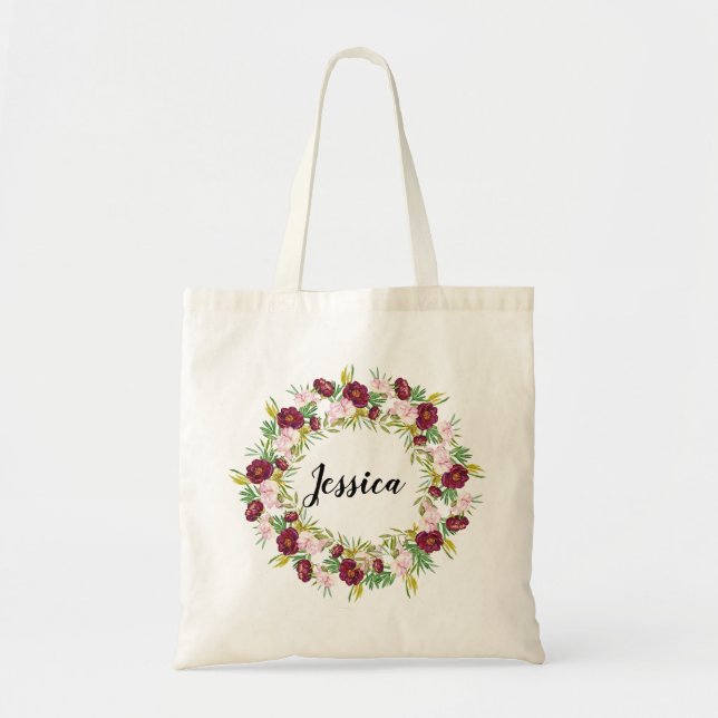 Bolsa Tote Brurgundy Peony Wreath Personalizada Bridesmaid (Frente)
