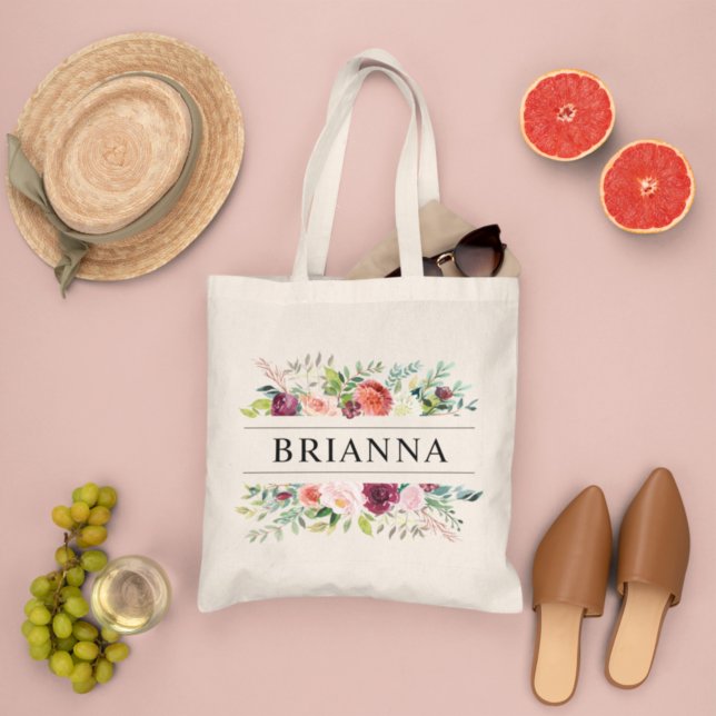 Bolsa Tote Brurgundy Pink Floral Bridesmaid Monograma (Criador carregado)