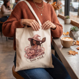 Bolsa Tote Bruxa Básica Magia de Menina Negra Abóbora Rosa