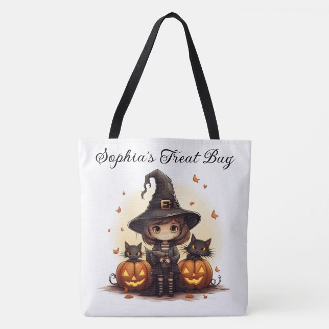 Bolsa Tote Bruxa Bonita com Gatos Pretos e Pumpkins (Frente)