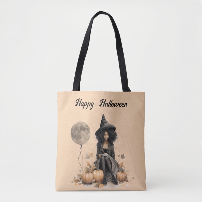 Bolsa Tote Bruxa bonito do Halloween e Balão de Lua Cheia (Frente)