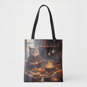 Bolsa Tote Bruxa Caprichosa Gato cozinhando jantar de Hallowe