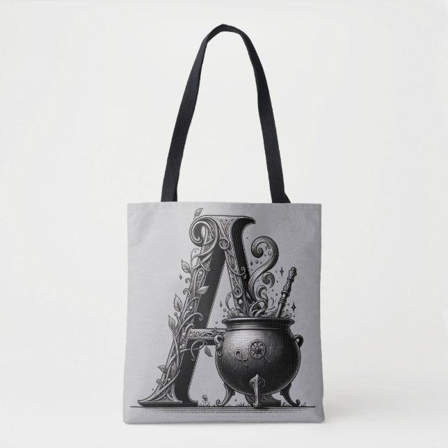 Bolsa Tote Bruxa Cauldron Witchy - Letra A Personalizada Inic (Frente)